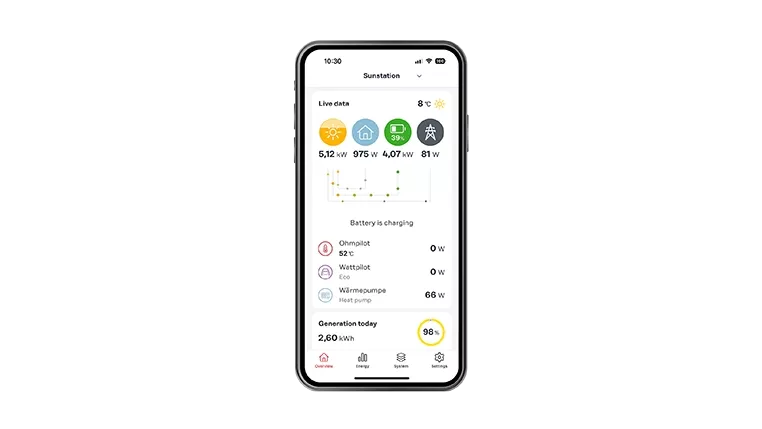 Smartphone screen displaying the Solar.web application for solar system monitoring.